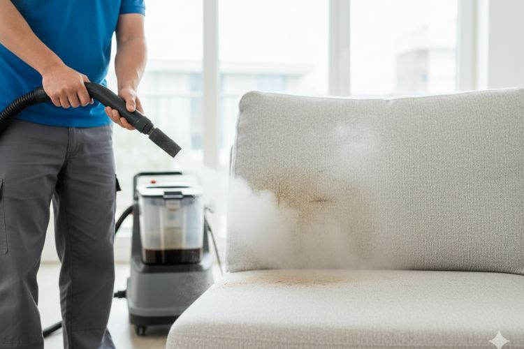 clean sofa with steam cleaner